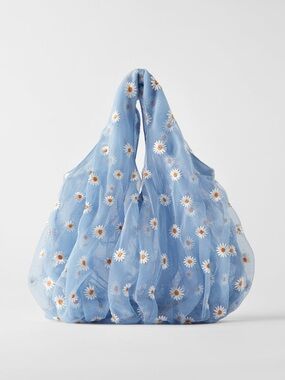 Zara Blue Mesh Daisy Embroidered Tote Mini Bag Floral Slouchy Hobo Handbag